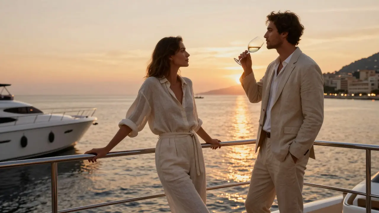 A woman and man share a silent, serene moment on a yacht at sunset off the coast of Monaco.