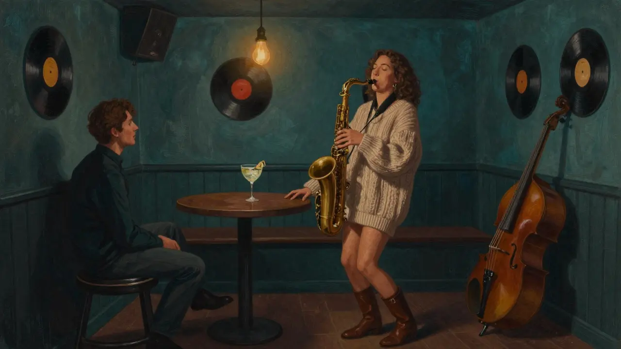 A woman dancing softly to live jazz in a hidden basement club with vinyl walls.