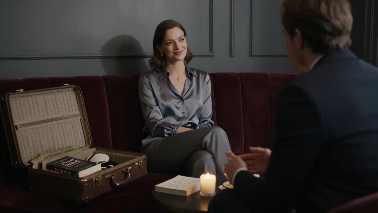 A woman listens attentively in a Paris hotel lounge, calm and composed in soft candlelight.