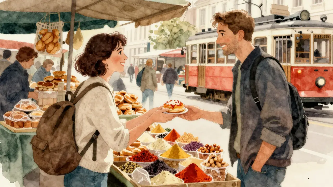 A woman offering a pastry to a man at a vibrant Budapest market, cultural exchange in the air.