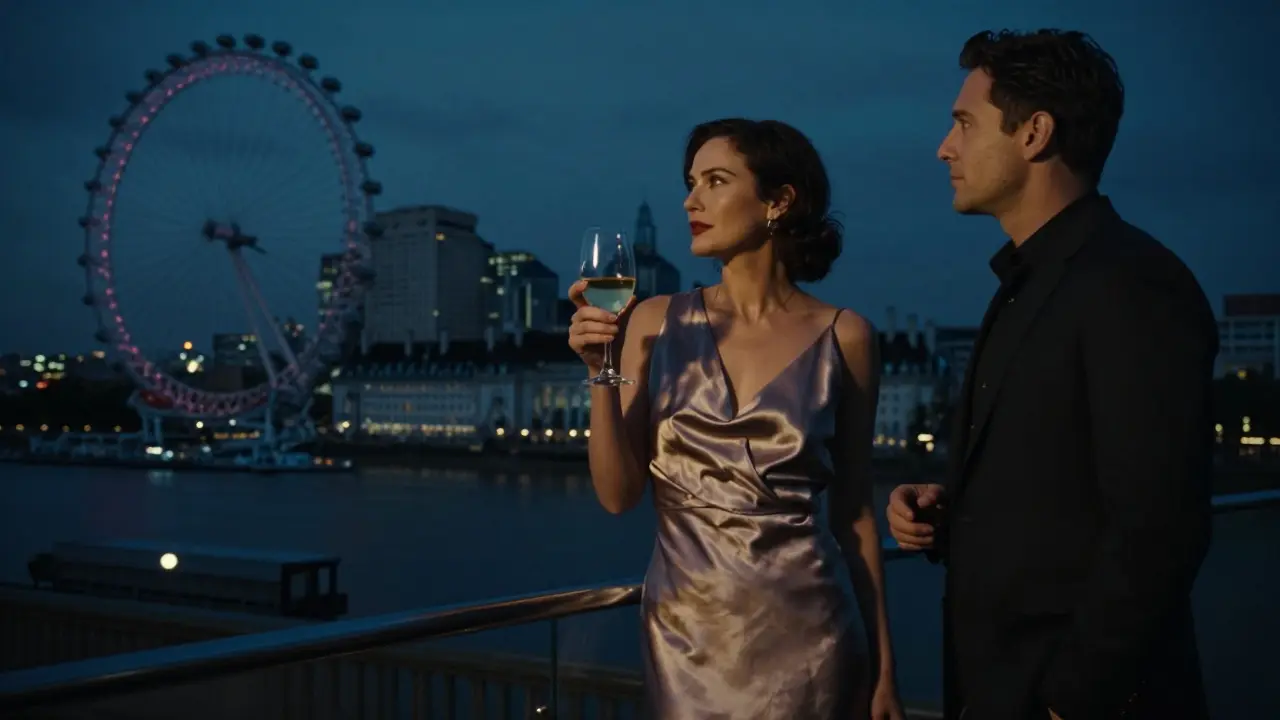 A woman on a Thames terrace at night, gazing at the city skyline with a companion beside her.