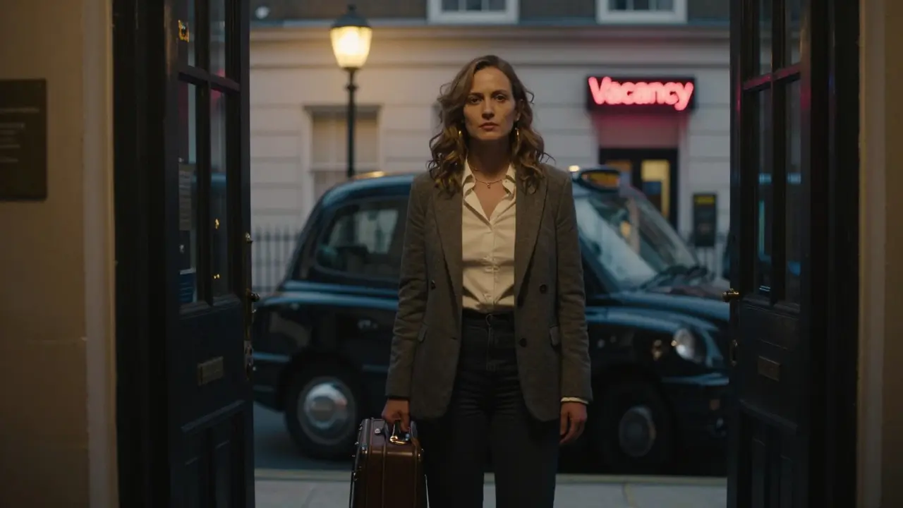 A woman stands at a London hotel entrance with a suitcase, calm and determined, taxi nearby.