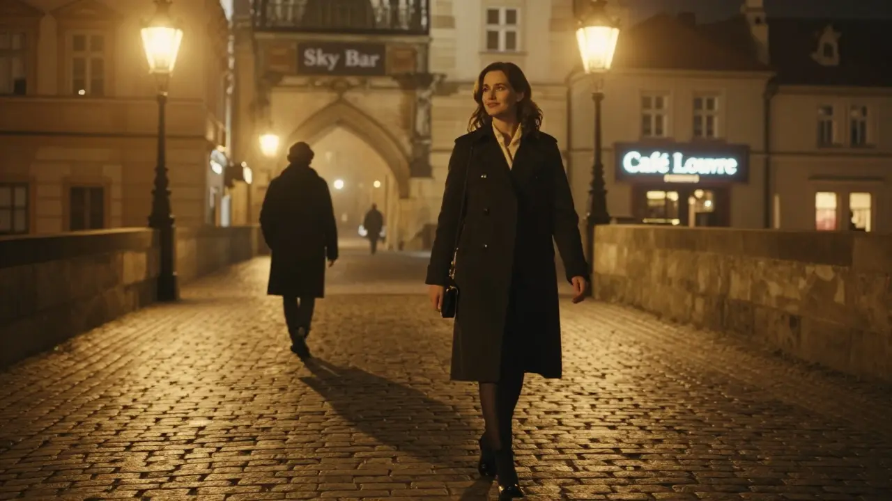 A woman walks at night in Prague near a historic bridge, glancing back as a figure approaches in the distance.