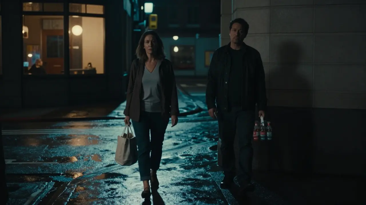 A woman walks away from a man holding beer, alone and composed under city lights.