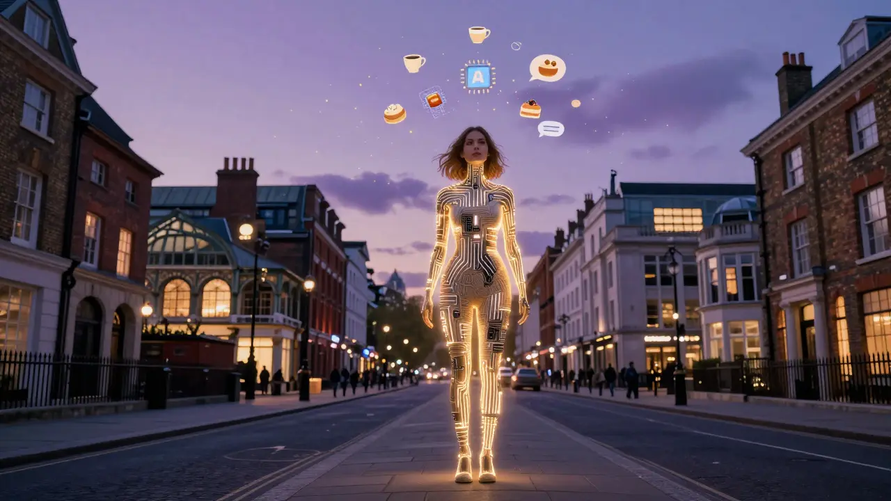 A woman whose body glows with digital and fabric elements, standing amid a transformed London skyline at dusk.