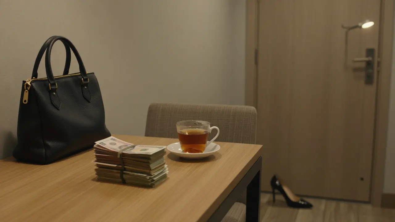 An empty hotel room with cash, tea, and a shoe—signs of a fleeting encounter.