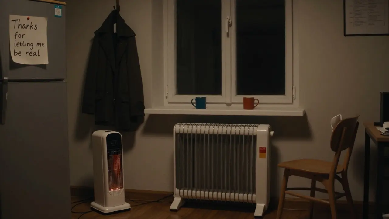 An empty studio with two mugs on a windowsill and a handwritten note on the fridge, heater glowing softly.