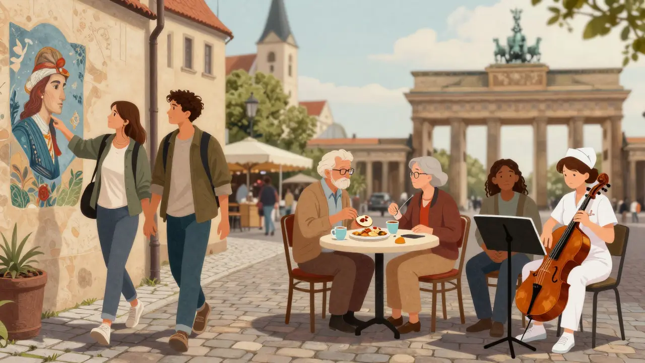 Diverse travelers in Europe enjoying companionship during city walks, meals, and concerts.