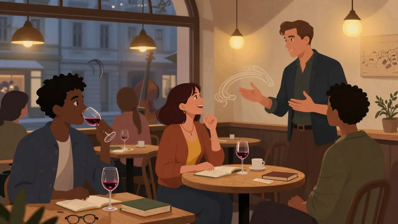 Diverse travelers share quiet laughter in a warm Vienna café, with books and wine glasses on the table.