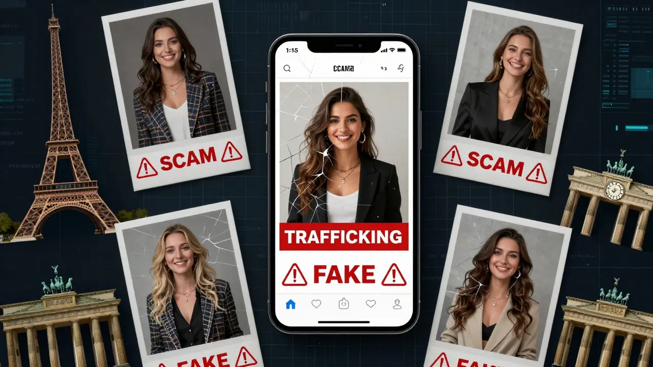 Fake escort ads on a smartphone screen with warning symbols, surrounded by European city icons.