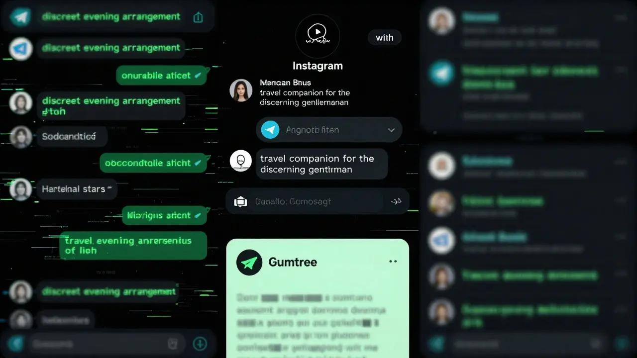 Hidden digital messages and profiles used to arrange discreet escort meetings.