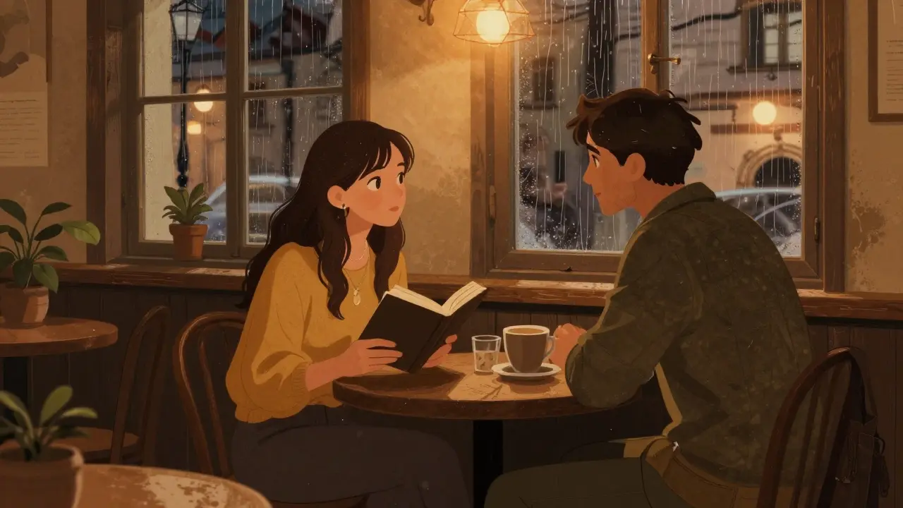 Man and woman having a quiet conversation in a Prague café, books and coffee on the table.