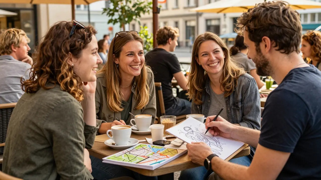 People laughing at a sunny Berlin café, sharing conversation and coffee without phones.