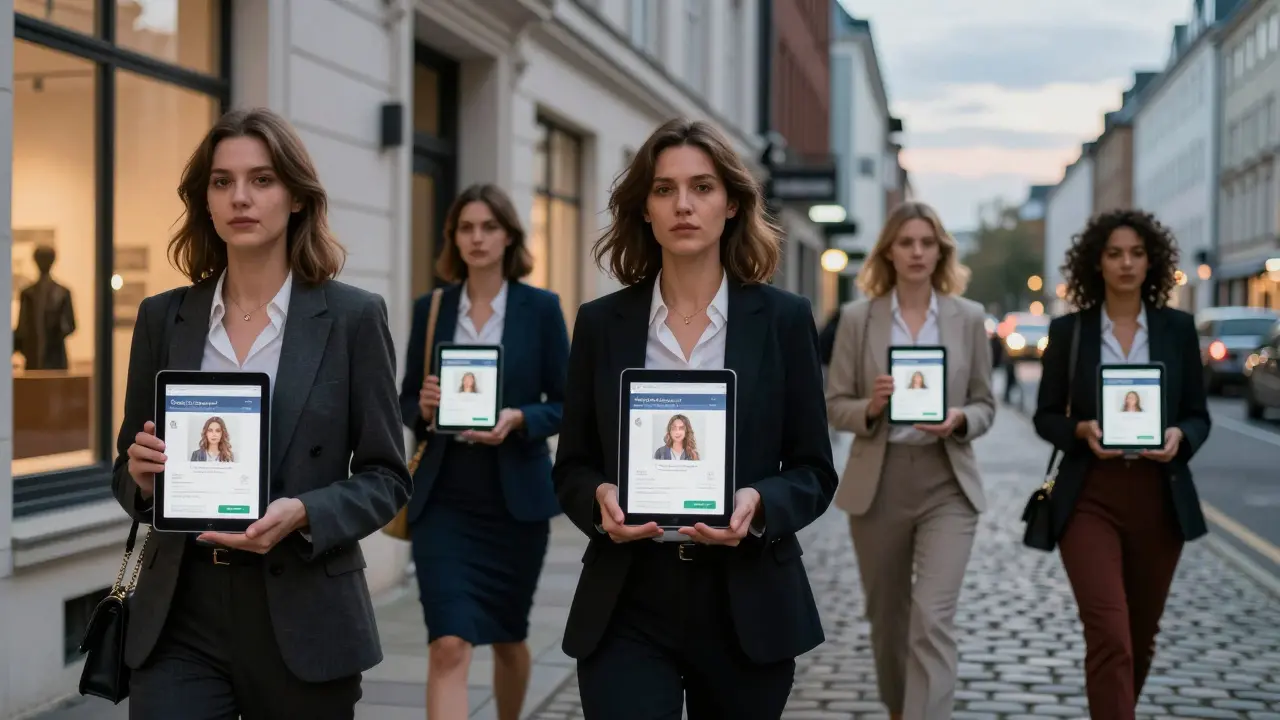 Professional women across Europe, each in their city, holding tablets with the eurogirlsescort platform.