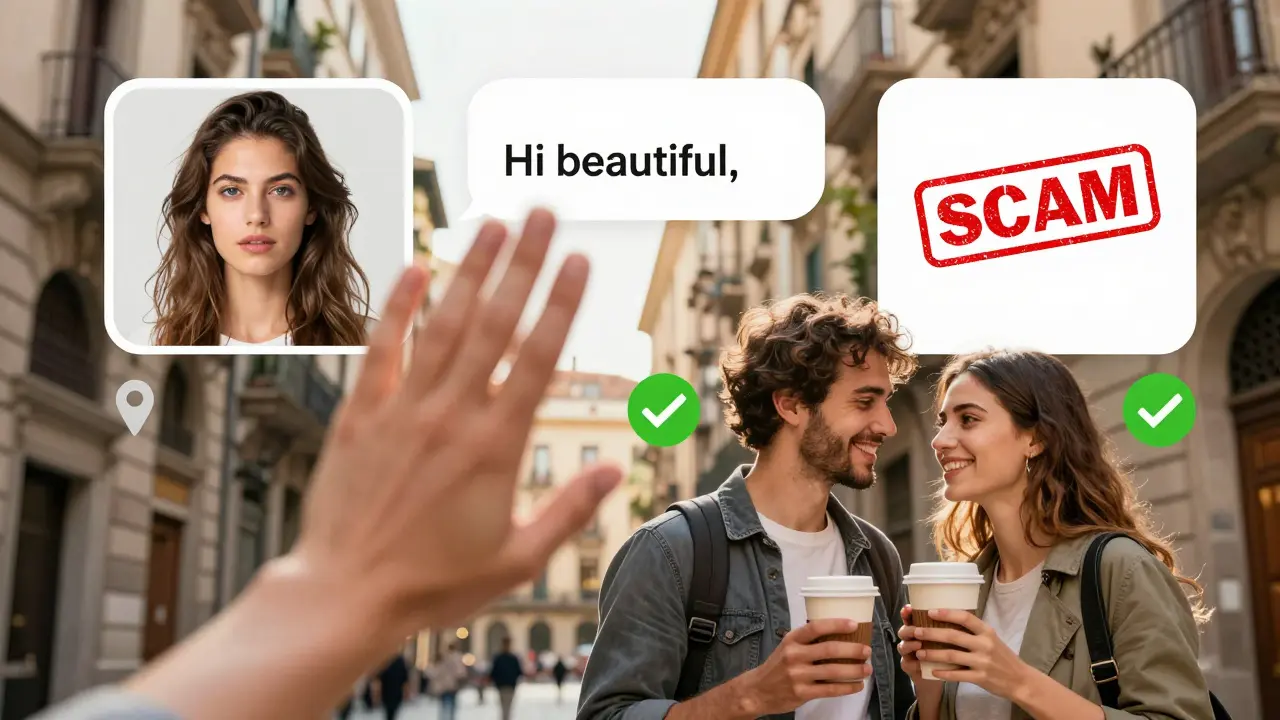 Real European match contrasted with fake profiles and scam warnings in Barcelona.