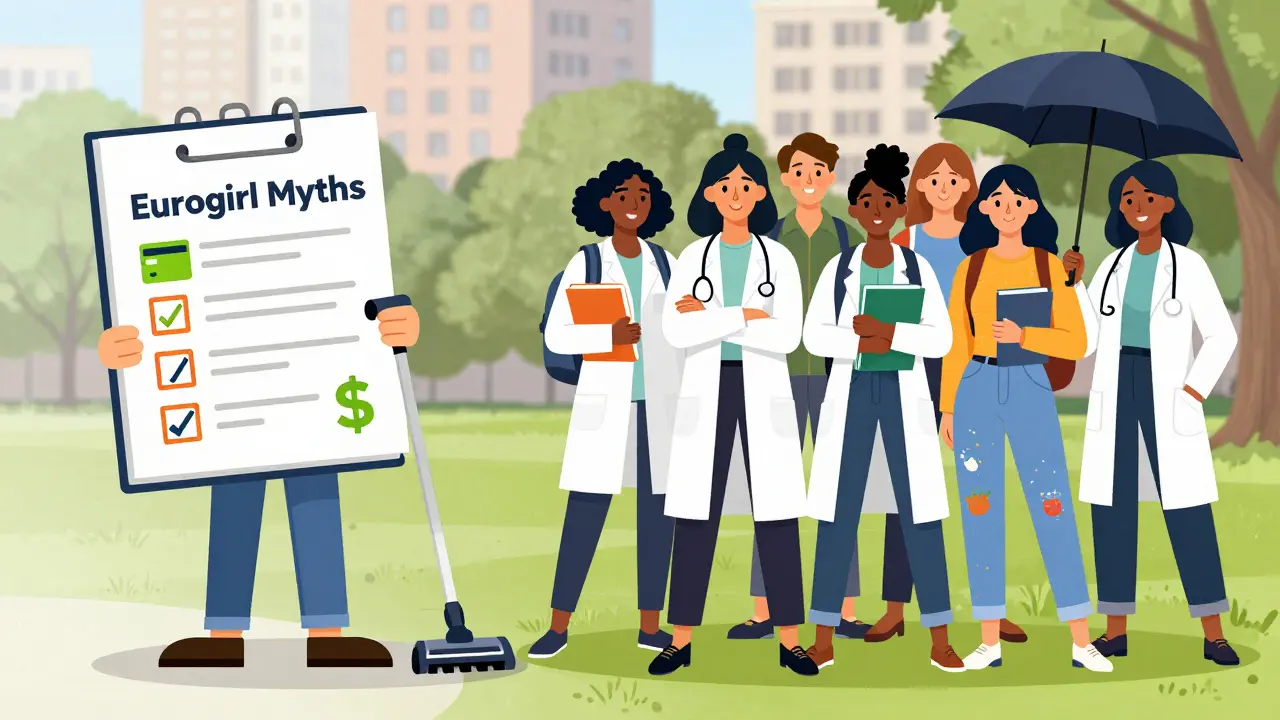 Split illustration: cartoon myths on one side, diverse real women with careers and hobbies on the other.