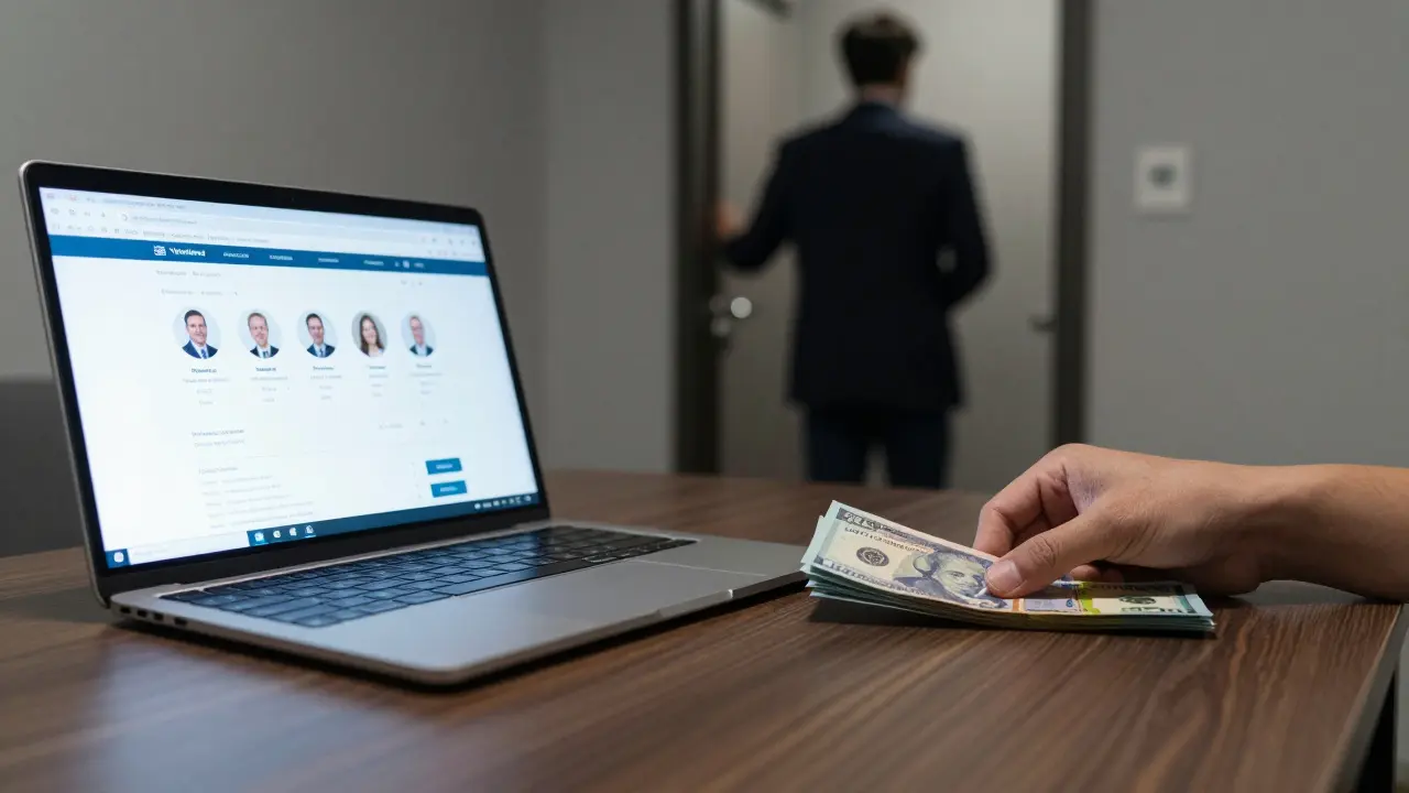 Split image: verified escort agency website on laptop and cash on a table, symbolizing safe booking.