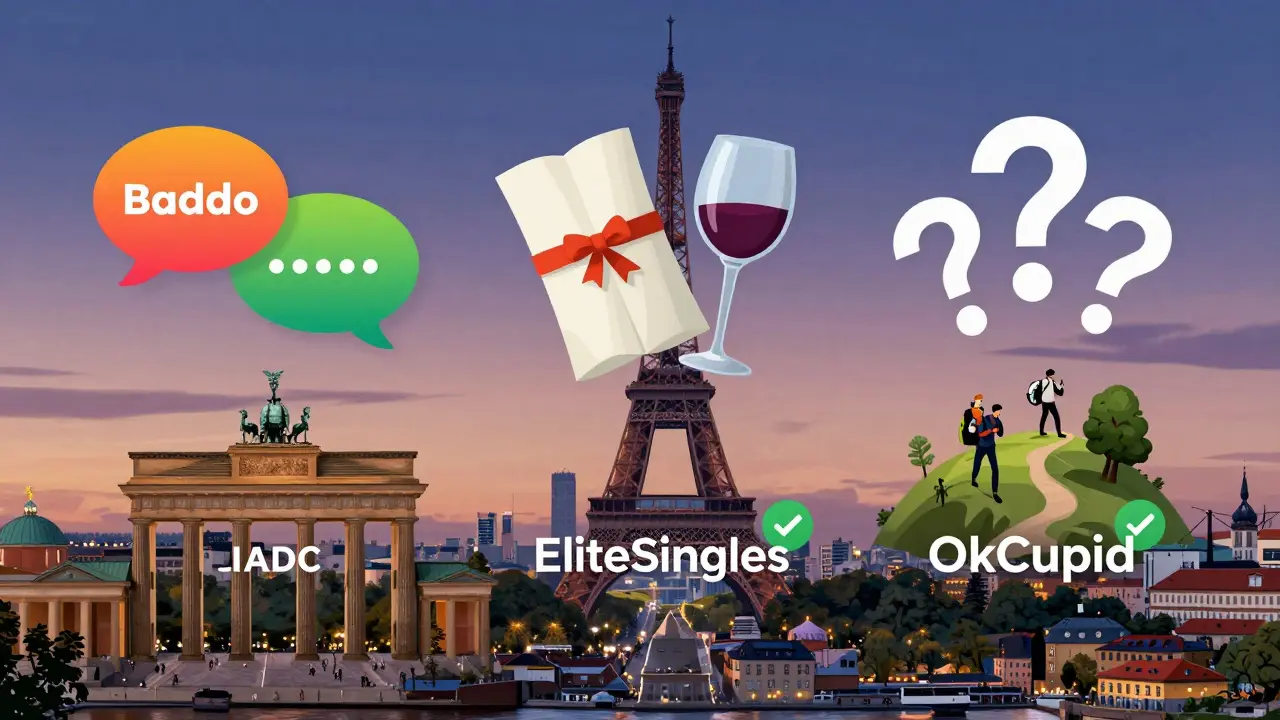 Three dating apps visualized as floating profiles over iconic European cities.