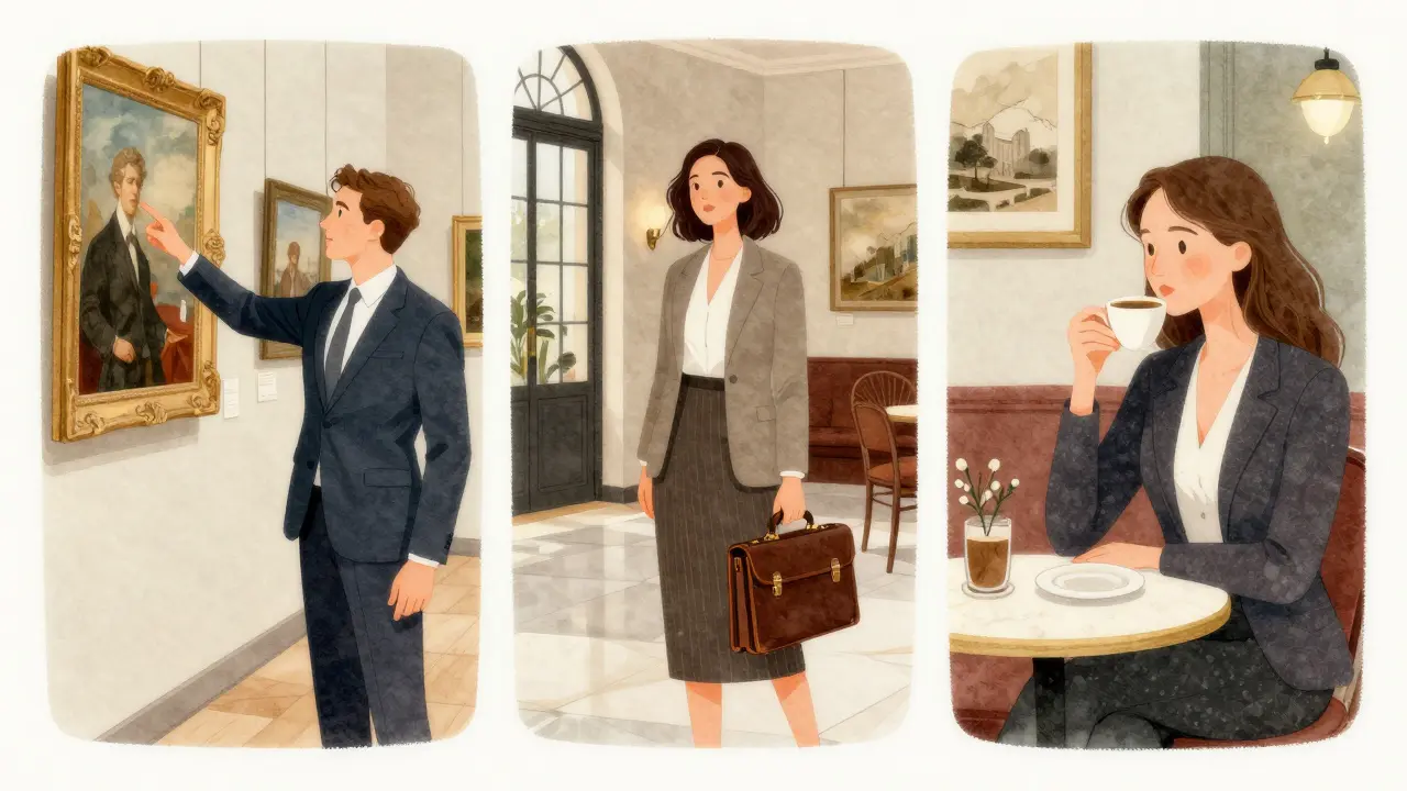 Three elite companions in elegant settings: museum, hotel lobby, and café.