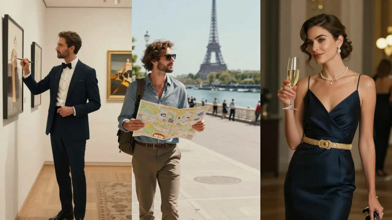 Three elite companions in European settings: an art gallery guide in Paris, a seaside companion in Barcelona, and a gala guest in Vienna.