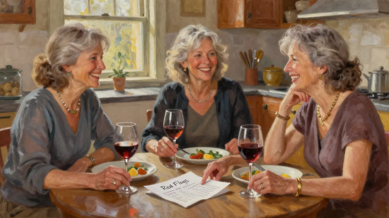 Three mature women laugh together over a dinner table, sharing dating red flag tips on a napkin.