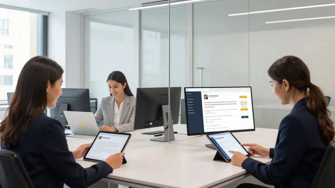 Three professional women in a modern London agency office reviewing client profiles with calm, trusted efficiency.