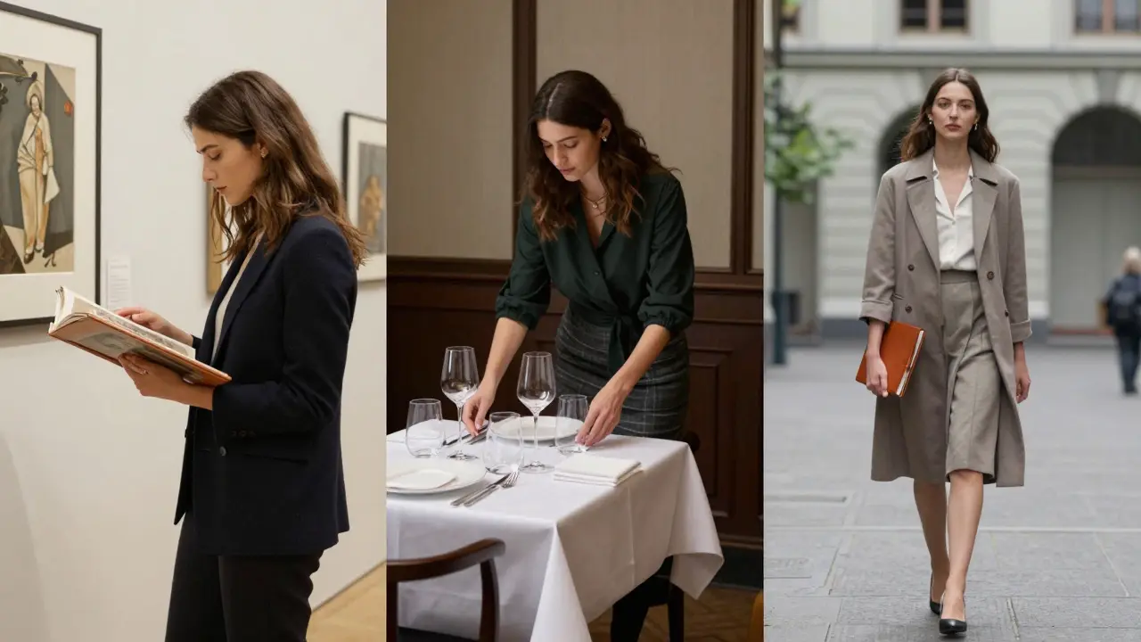 Three professional women in elegant attire, each in a different European city, engaged in refined, private moments.