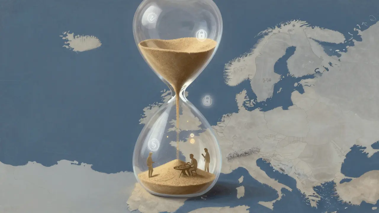 Transparent hourglass above Europe map, showing people connecting through trusted companionship.