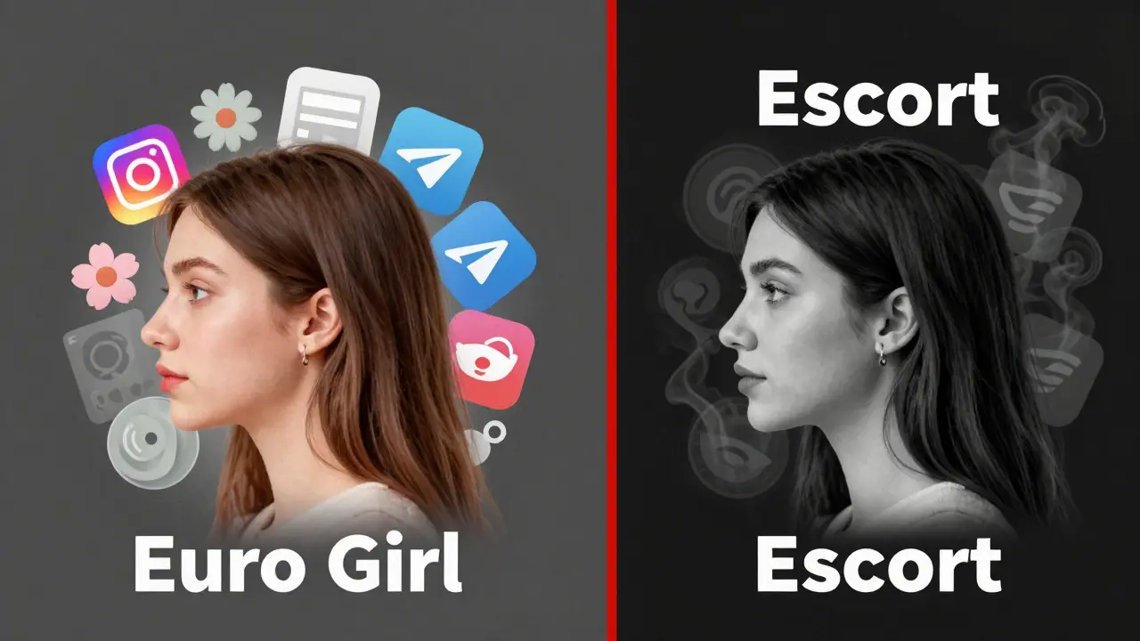Two digital profiles side by side, same woman’s photo, labeled 'Euro Girl' and 'Escort' with fading platform logos.