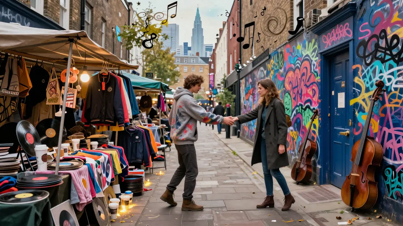Two figures reaching hands across a surreal path of clothing and music in Camden.