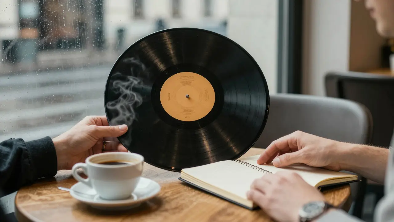 Two hands placing a vinyl record and notebook on a café table in Vienna, rain outside.