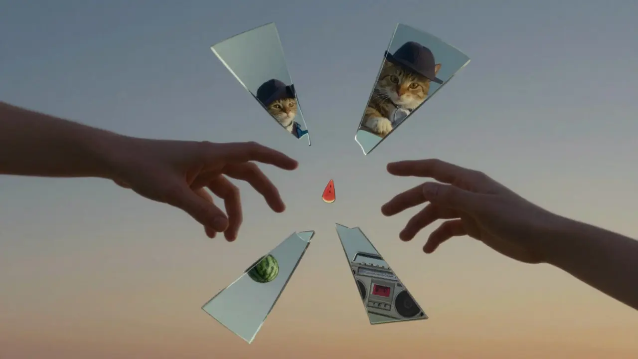 Two hands reaching across floating mirror shards, each reflecting childhood memories—no faces, only symbols of shared vulnerability.