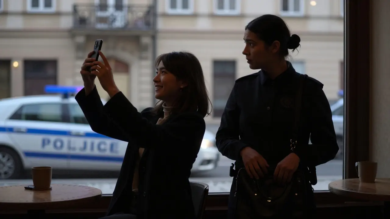 Two people in a café, one taking a photo while the other pulls away, with a police car visible outside.