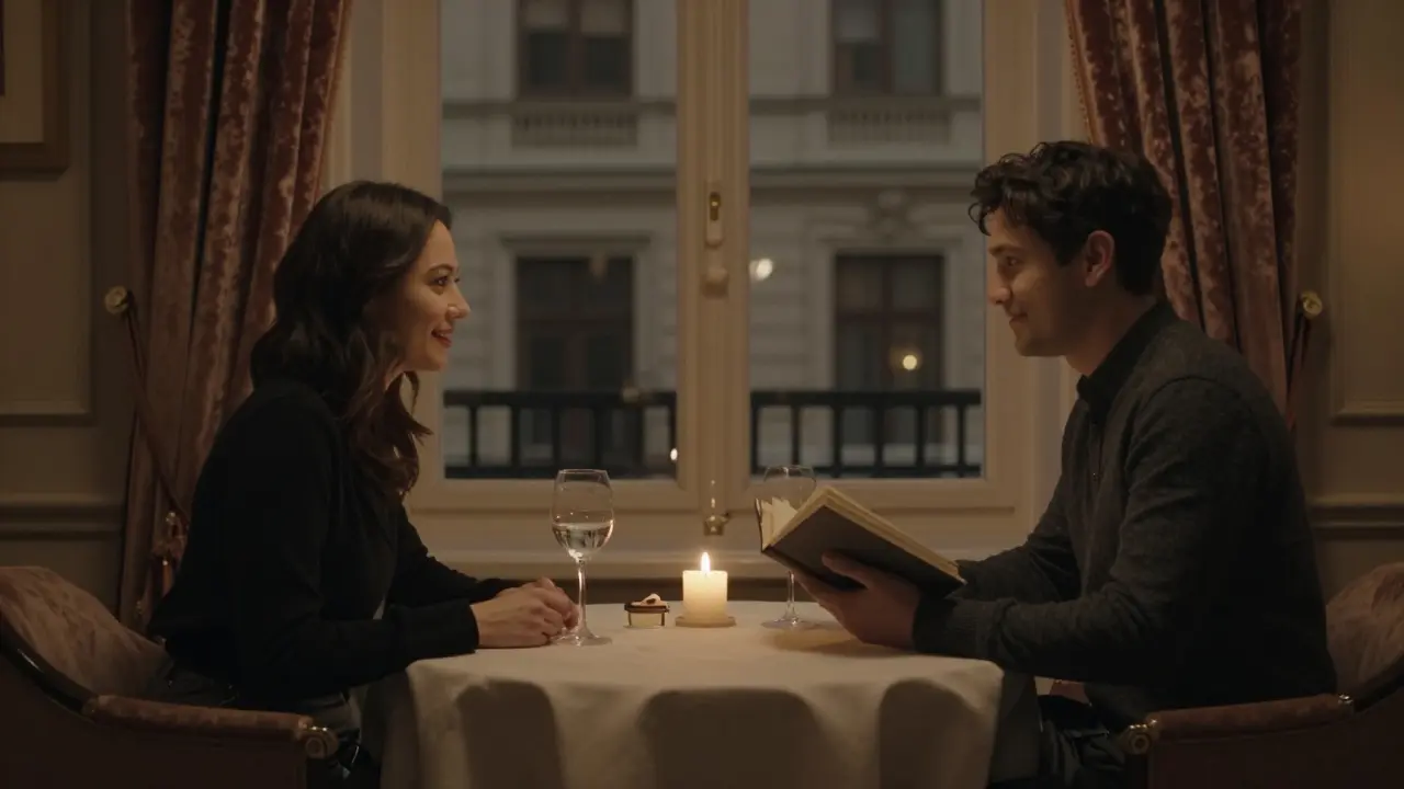 Two people sharing a quiet evening in a Vienna hotel room, candlelight and conversation.