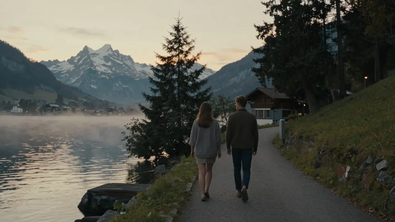 Two people walk peacefully along a misty Swiss lakeside trail at sunset, mountains rising behind them.