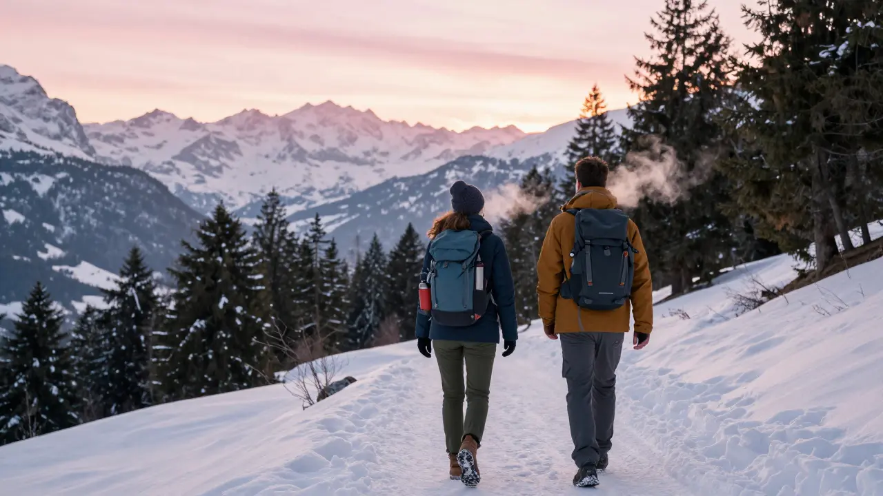 Two people walking together on a snowy Alpine trail at sunrise.