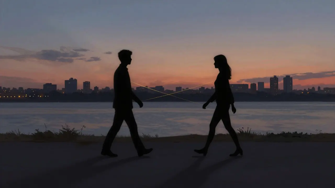 Two silhouettes walking together along a riverside at twilight, symbolizing meaningful human connection.