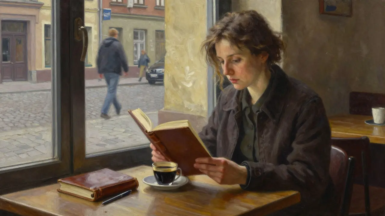 Woman reading Dostoevsky in a Warsaw café, sunlight on her face, journal open beside her coffee.