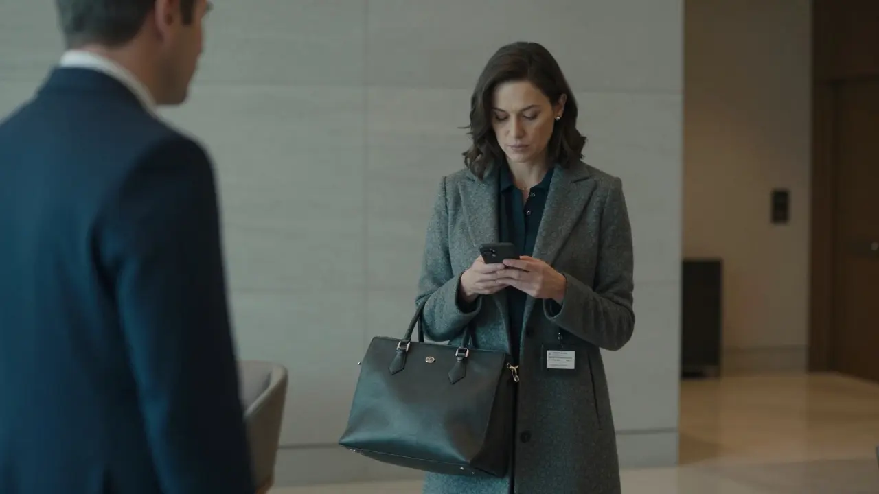 A composed woman in a hotel lobby, waiting calmly with professional poise.