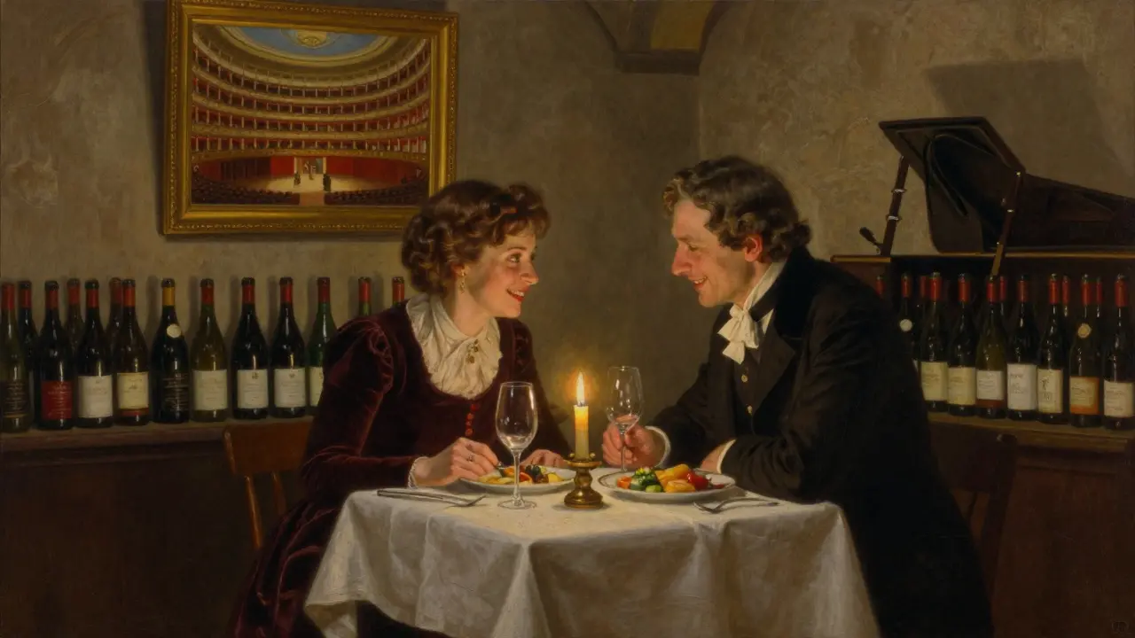 A couple enjoying a candlelit dinner in a historic Viennese wine cellar, surrounded by wine bottles.