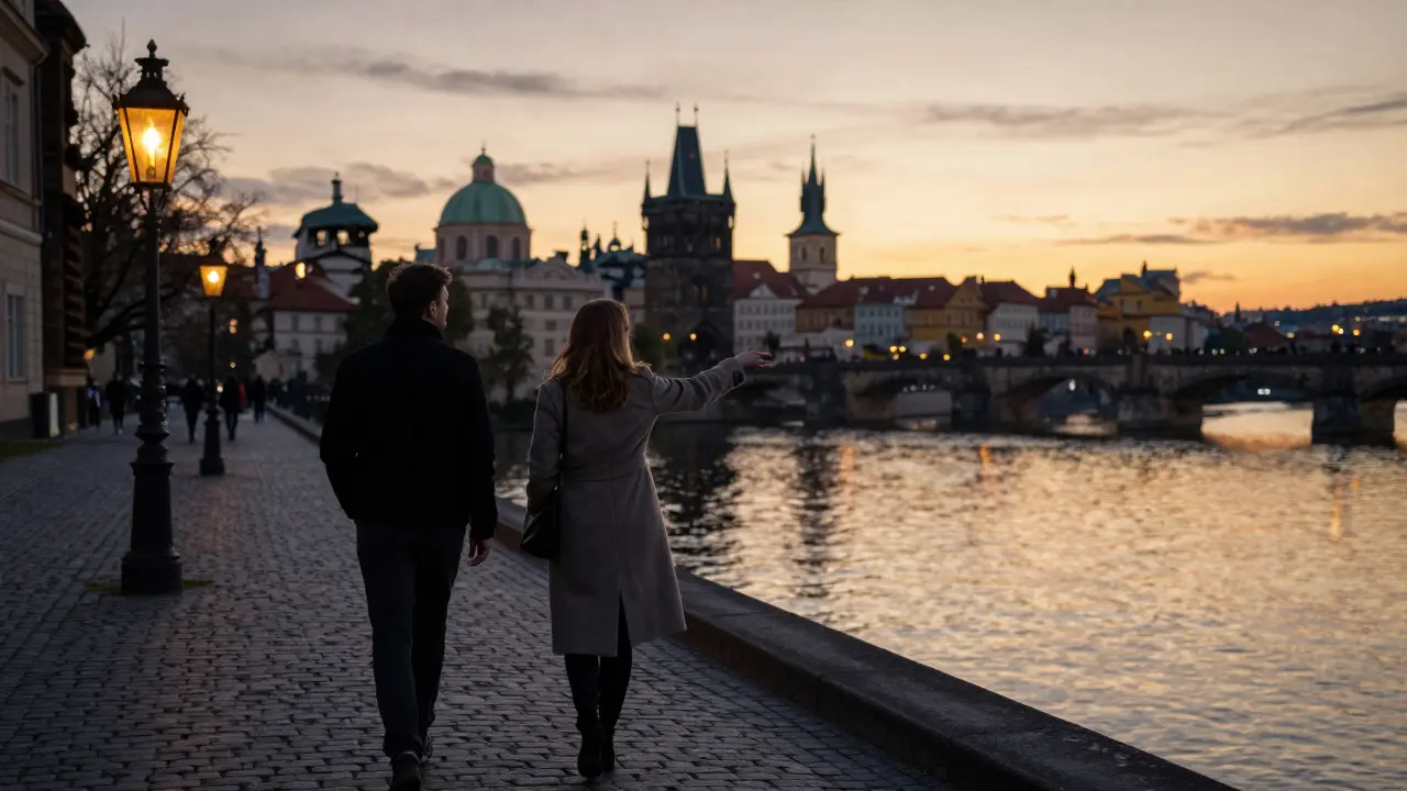 A couple walking along a river in Prague at sunset, admiring historic architecture.