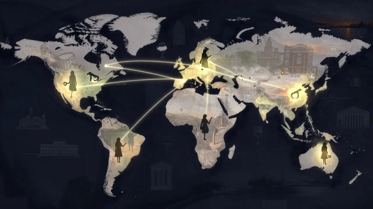 A global map with glowing connections between European cities, each leading to a woman holding a key symbolizing authentic experiences.