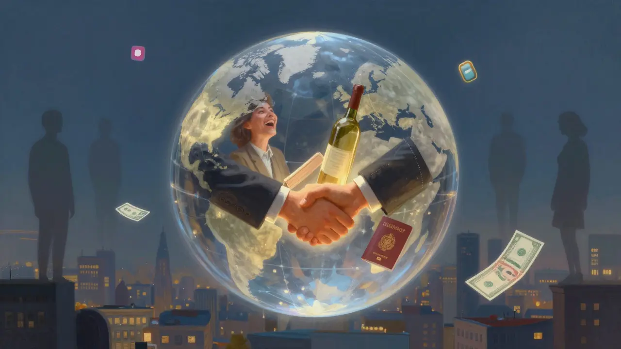 A glowing glass globe contains symbols of genuine connection, floating above a European city.