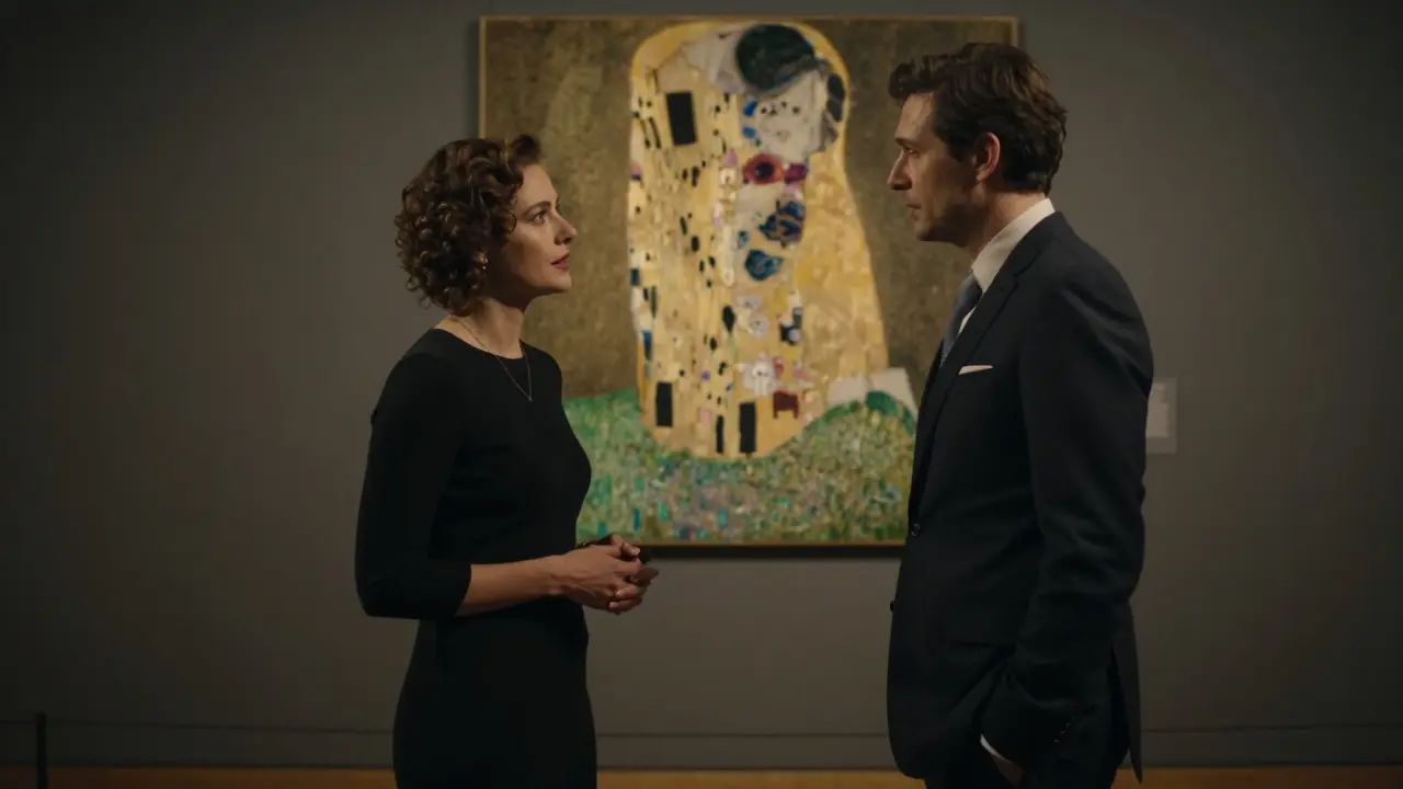 A man and woman conversing calmly before a Klimt painting in a quiet European art gallery.