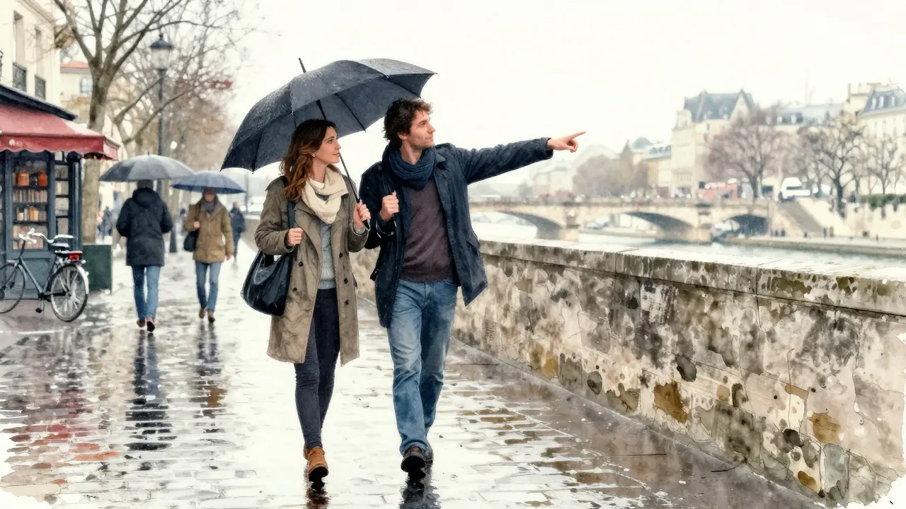 A man and woman walk along the Seine in Paris, rain falling softly around them.