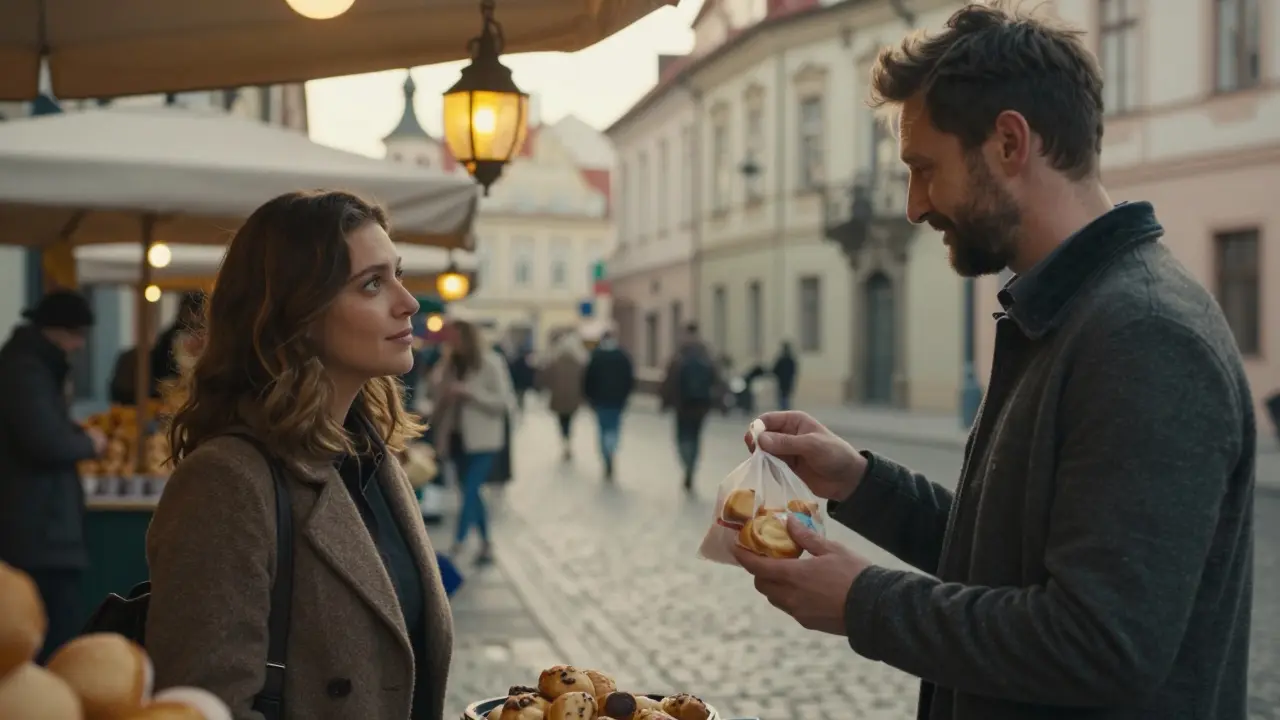 A man ordering a drink in a Prague market, smiling as a woman watches with amusement.