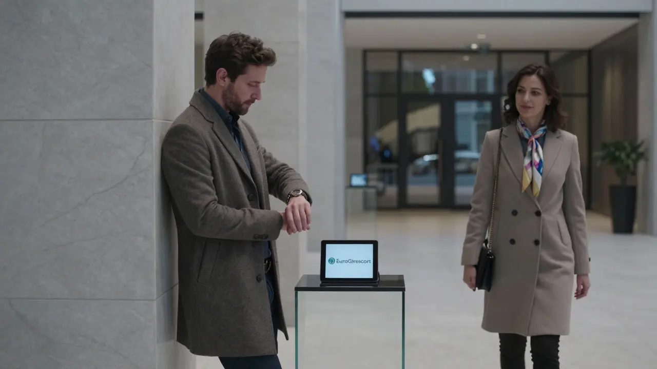 A man waiting in a modern hotel lobby in Zurich, as a sophisticated woman approaches discreetly.