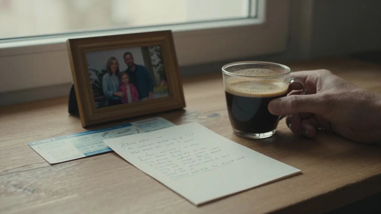 A personal note, family photo, and plane ticket on a wooden table, suggesting a hidden story.