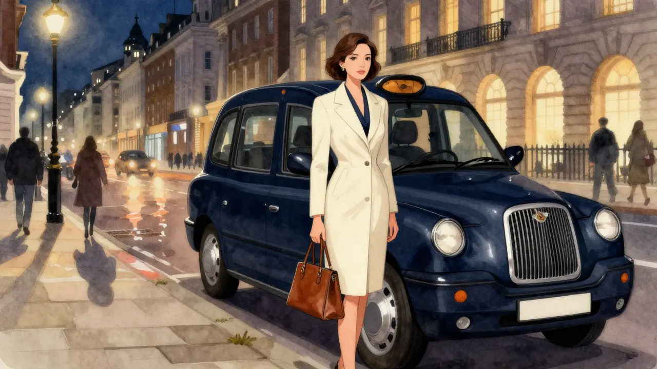 A professional woman standing beside a London taxi at night, dressed elegantly and calmly.