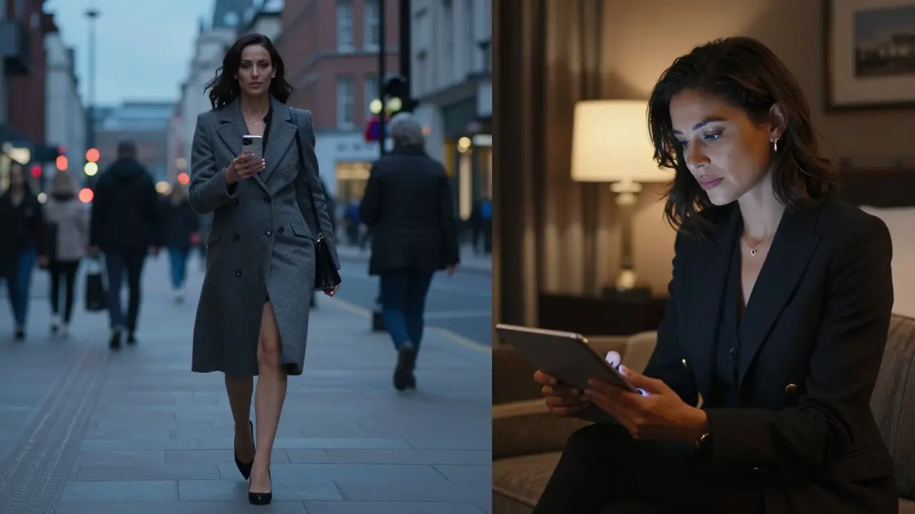 A professional woman walks through a city street while checking a booking app, then reviews a client's profile in a luxury suite.